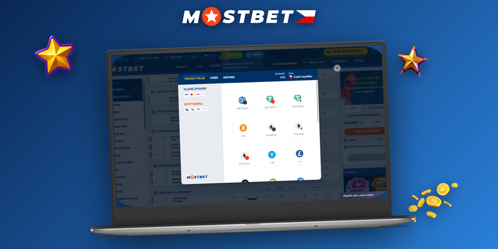 Přehled pokladny Mostbet na desktopu a mobilu s formulářem pro zadání výše vkladu